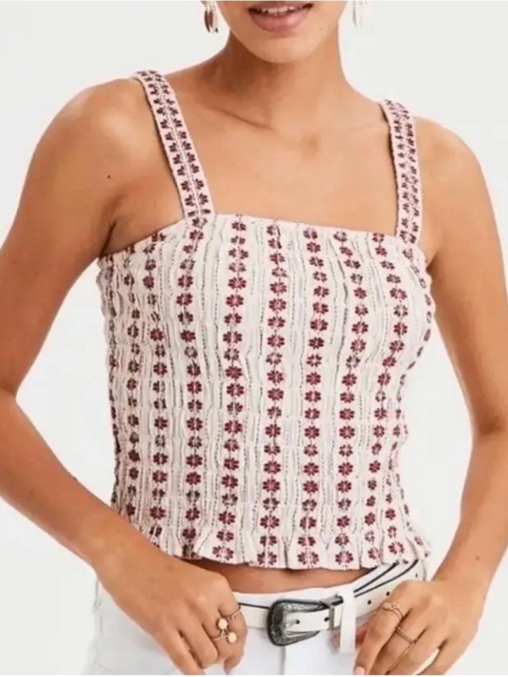 Smocked Square-Neck Tank Top in Red Floral